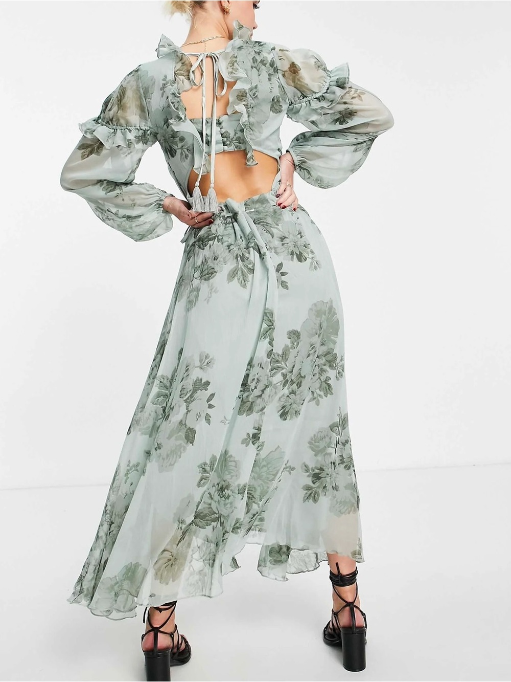 ASOS DESIGN Maternity Floral Ruffle Midi Maxi Dress Sage Green Small US 4 - Picture 2 of 9
